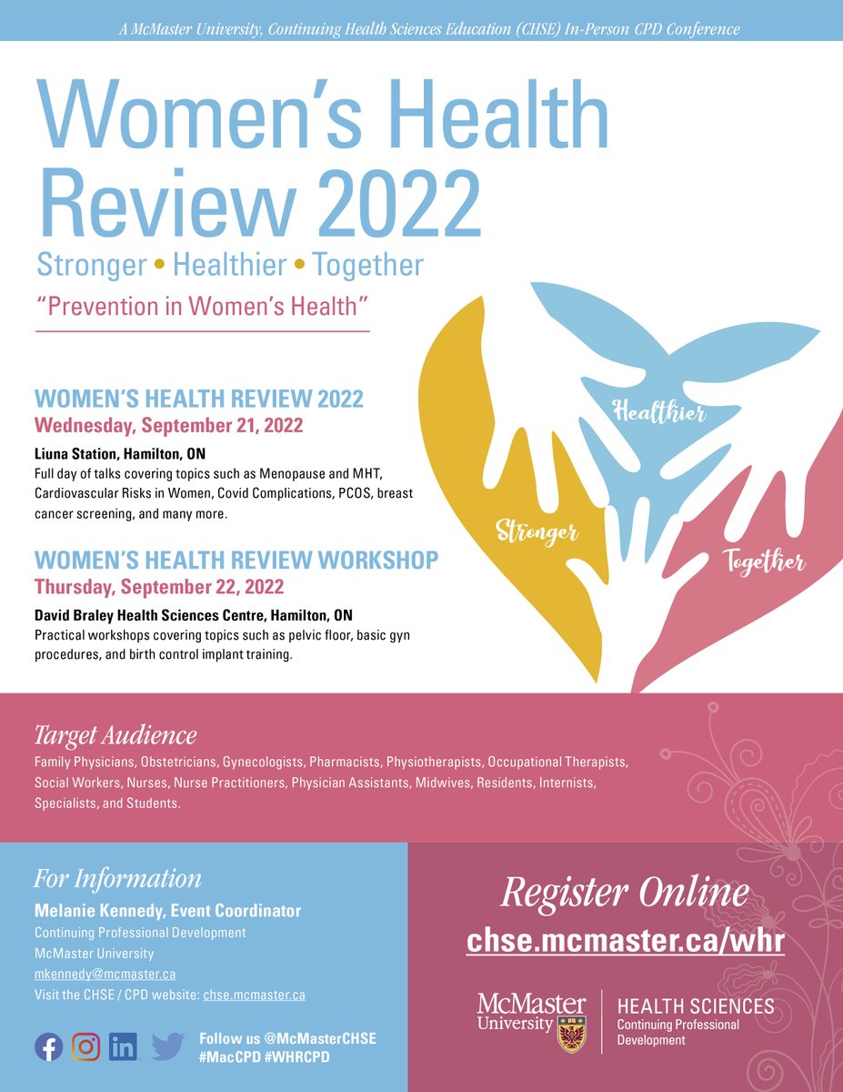 McMasterCPD's tweet photo. Women's Health Review 2022 #WHRCPD
REGISTRATION IS NOW OPEN!
Join us on our new dates in-person @LIUNAStation on Sept 21, and at the David Braley Health Sciences Centre on Sept 22. Download the brochure + view the talks: https://t.co/LqMaUUgNe5
#women #WomensNetwork #Health
1/4 https://t.co/O5rQiRAemR