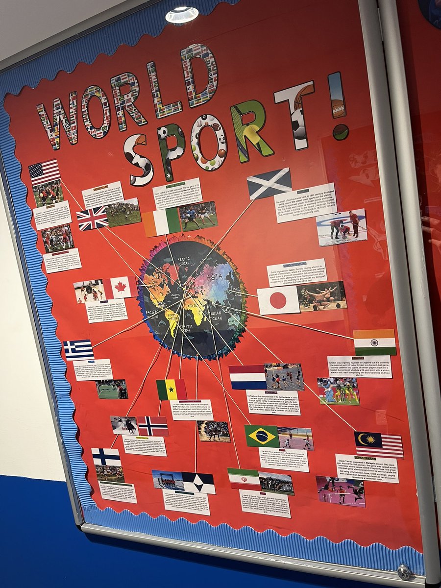 First Display board completed as a teacher trainee. Had lots of fun creating this with many unknown sports from all over the globe
🌍⚽️🎾🏀🏐🏓🏏🏈🥍🎱⛷⛳️🥊

Looks like blood, sweats and…. pins paid off? 🙋‍♂️<a href="/WixamsPE/">Wixams Academy PE</a> #worldsport