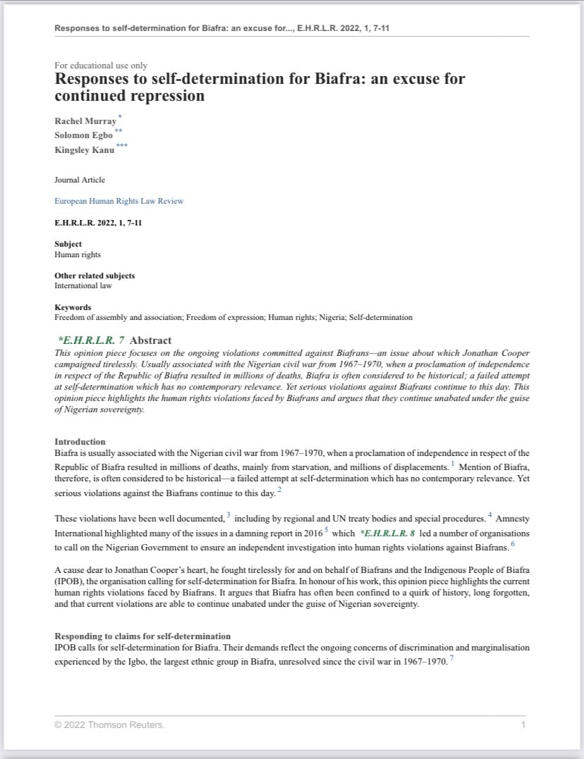 AloyEjimakor's tweet photo. Thank you Rachel Murray, Solomon Egbo &amp; @MaziKanuntaKanu for this scholarly publication. It says it all that the thesis was considered worthy by the esteemed European Human Rights Law Review. Copy: @Keir_Starmer @FCDOGovUK @UKParliament @StateDept @EU_Commission @AgnesCallamard. https://t.co/Q2ce36gqer