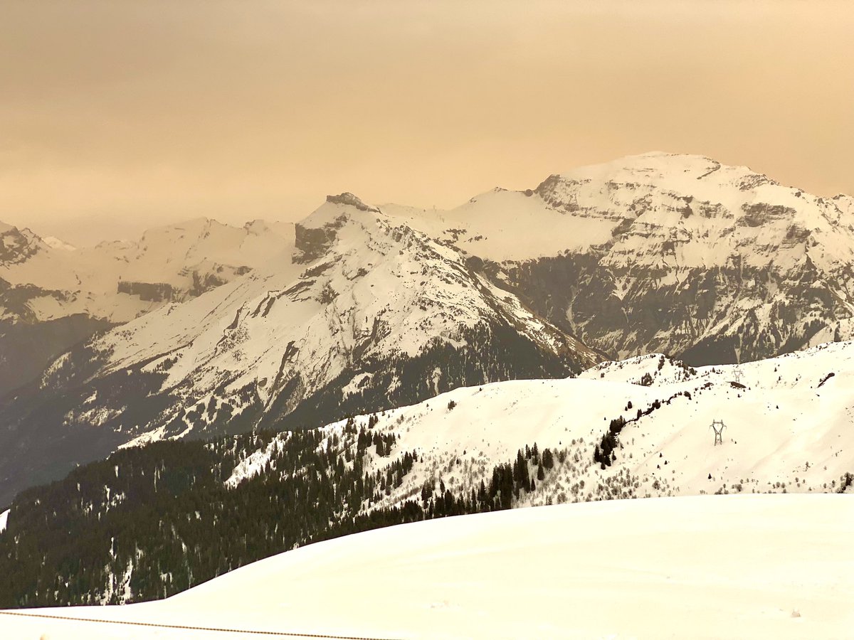 andrewnward's tweet photo. Saharan dust in the clouds over #Flaine in the #french #alps today turning the snow a strange orange colour #SaharanDust #Sahara @BBCWthrWatchers https://t.co/B0QZwYI8u5