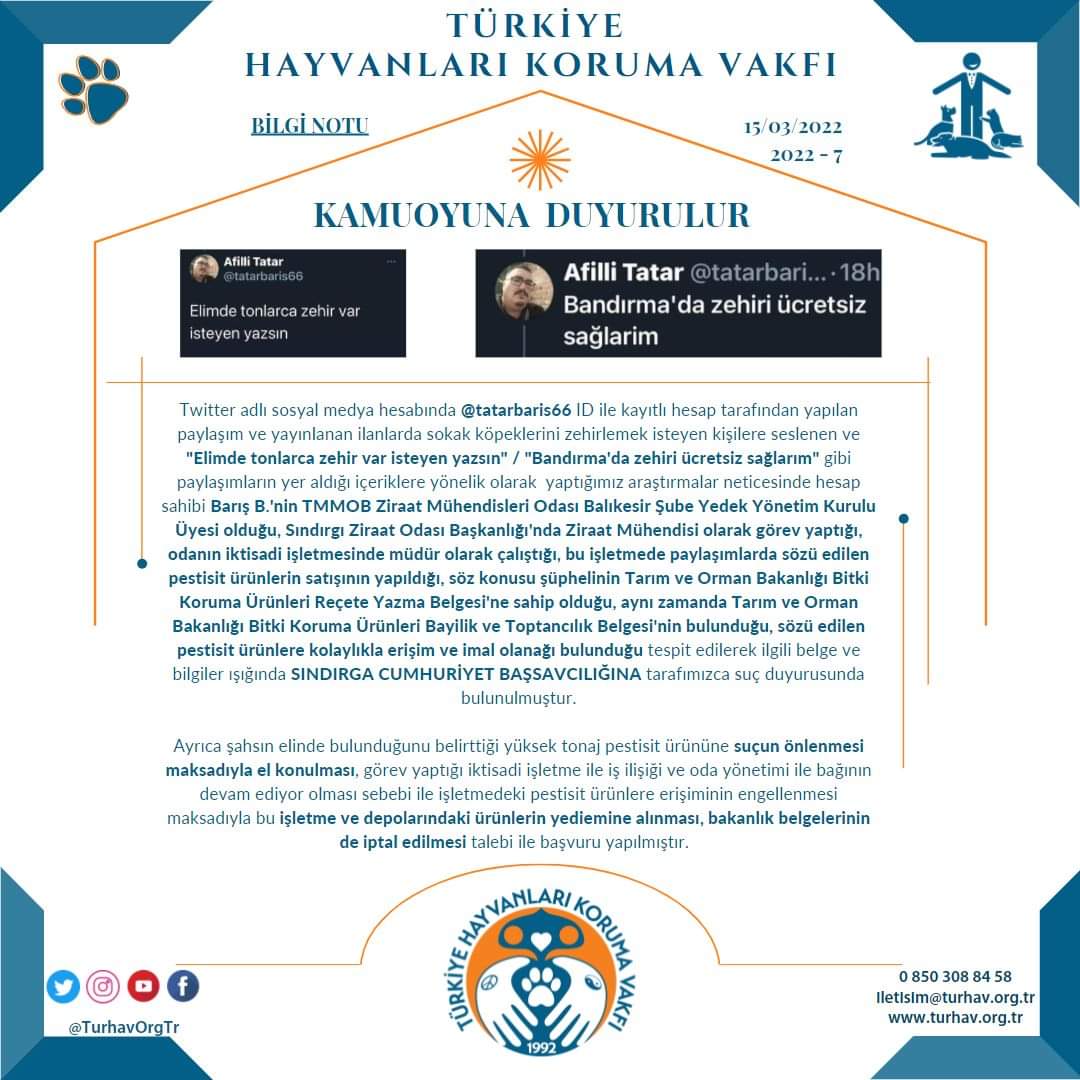 <BİLGİ NOTU>
Sokak Hayvanlarının Zehirlenmesi için ücretsiz zehir dağıtılacağı ilanları hk.
<a href="/TCTarim/">T.C. Tarım ve Orman Bakanlığı</a> <a href="/TMMOBZMO/">TMMOB Ziraat Mühendisleri Odası</a> <a href="/SindirgiKaymklk/">SındırgıKaymakamlığı</a> @sindirgibel <a href="/TC_Balikesir/">Balıkesir Valiliği</a>