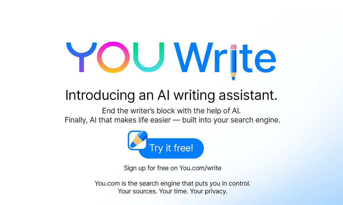youdotcom's tweet photo. Hey everyone, we're excited to announce the launch of YouWrite—an AI-powered writing tool that makes it easy to write great content. Whether you're a student, business professional, or just need to write a blog post, #YouWrite can help!
Tweet by YouWrite https://t.co/L41auvf0FD https://t.co/2z7UiJq16f