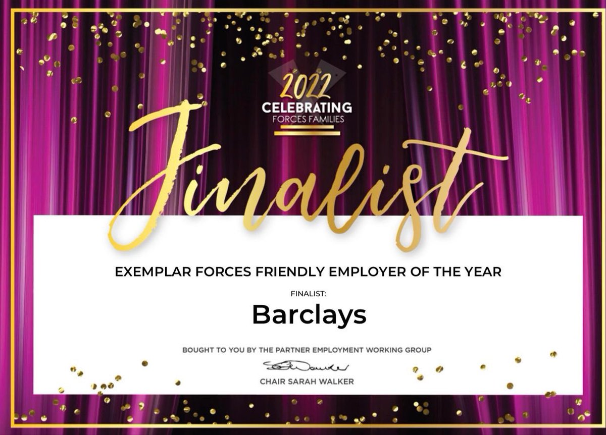 DSandy09's tweet image. 🥂🎉 We received some fabulous news today! Delighted to confirm that Barclays has been shortlisted in the &quot;Exemplar Forces Friendly Employer of the Year&quot; category at the forthcoming #CelebratingForcesFamiliesAwards. Fingers crossed on the night. 🤞🏆 #ForcesFriendly #Spouses 🏦
