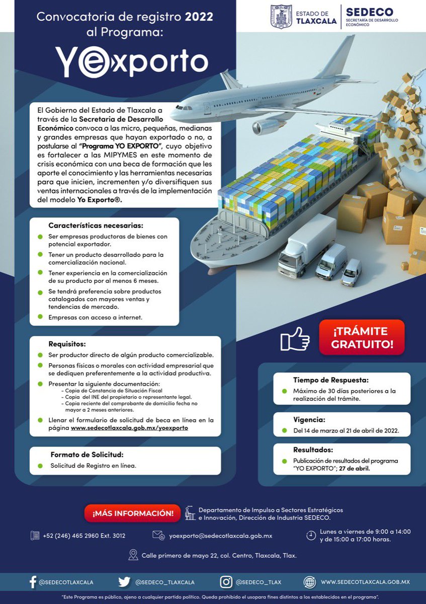 SEDECO_TLAXCALA's tweet photo. Quieres aprender a exportar o consolidar tu proyecto de exportación ?
✍🏻 Regístrate en la convocatoria y capacítate con la beca del programa:
“YO EXPORTO”
Tienes hasta el 21 de abril para registrarte y poder ser seleccionado!
#Convocatoria
#YoExporto
#Tlaxcala https://t.co/bRb0hNDWjg