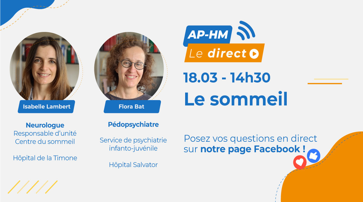 #JournéeInternationaleDuSommeil ⚡️🎙 RDV vendredi à 14h30 dans notre page Facebook #APHM pour un nouveau #direct. Il sera question de #sommeil avec
👩‍⚕️ Dr Isabelle Lambert, #neurologue, responsable du centre du sommeil de la Timone à #Marseille
👩🏻‍⚕️ Dr Flora Bat, #pédopsychiatre