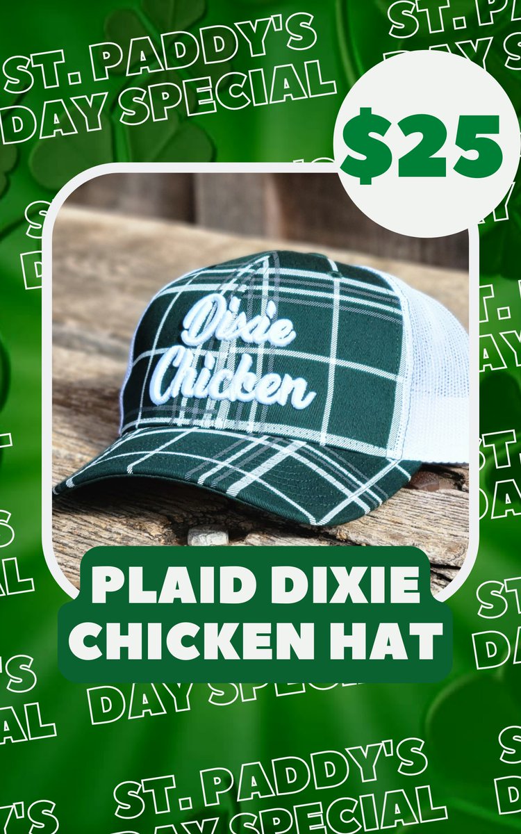 thedixiechicken's tweet photo. We're just a couple of days away from #StPatricksDay and we've got the perfect hat to keep ya from getting pinched! Our #DixieChicken #PlaidHat is stylish with the 3D logo stitching. Get yours ordered ASAP! https://t.co/4yNPybAV0N https://t.co/uzJqbiXMhI