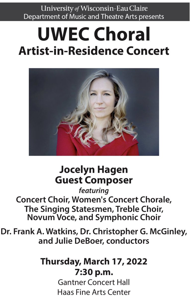 uwecchoir's tweet photo. Excited to host Jocelyn Hagen as the 2022 Choral Artist in Residence! #iSingUWEC @UWECMusiThea https://t.co/xTDiui1sPZ