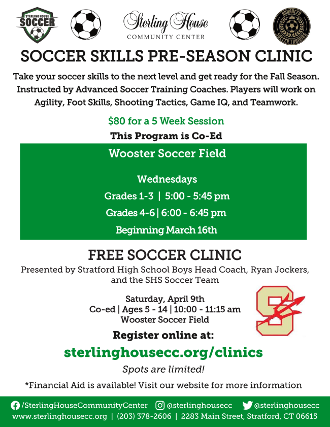 The weather looks GREAT for soccer. Last Chance to register! Preseason Clinics start tomorrow Wed March 16th at Wooster Field!
sterlinghousecc.org/clinics