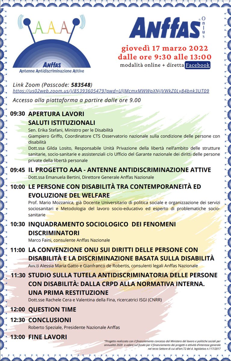 AnffasC's tweet photo. -2 alla presentazione di "AAA - #AntenneAntidiscriminazioneAttive", progetto di @AnffasOnlus volto a contrastare la #discriminazione delle persone con #disabilitàintellettive e #disturbidelneurosviluppo!
Scopri di più al link 👇
https://t.co/kpgEq5MMmH
#anffas #disabilità #aaa https://t.co/l4UObILJq3