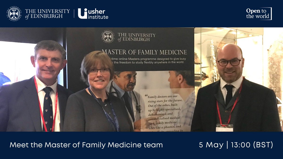 Join us on 5 May at 13:00 (BST). Hear from Prof. <a href="/lizgrant360/">liz grant</a> and Dr. <a href="/robinmramsay/">Robin Ramsay</a> about our Master of #FamilyMedicine at <a href="/EdinburghUni/">The University of Edinburgh</a>, what online learning is like, and details about available #scholarships. Register here: edin.ac/34P5kSs