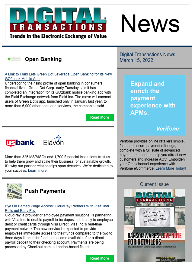 DTPaymentNews's tweet photo. Today’s Digital Transactions News: Green Dot Inks Plaid Deal; Eye on Earned Wage Access; Mobile Tax Payments up 27% https://t.co/TegN3JmLr3 #payments #openbanking #pushpayments #taxpayments #mobilepayments https://t.co/LWdlcWZyqd