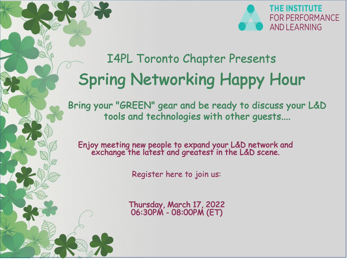 I4PLToronto's tweet photo. Spring is here and I4PL Toronto Chapter wants to get together and celebrate the hope spring brings. Bring your drink and best self to enjoy an L&amp;D networking Happy Hour on March 17 @6:30 PM
Register Now:https://t.co/nNDvswdOLg

@InstitutePL @I4PLToronto  #Networking https://t.co/IJeMu8EZnL