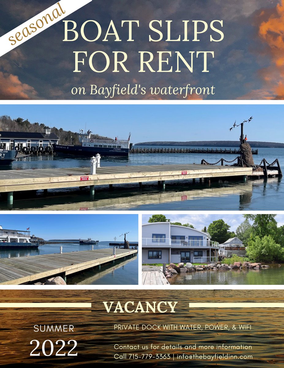 BayfieldInn's tweet photo. Boat slip vacancy for the Summer '22 season in @bayfield_wi.  Call 715.779.3363 or email info@thebayfieldinn.com for more details.

#bayfieldinn #staydinerelax #bayfieldwi #dock #boating #lakelife #boatlife https://t.co/7c7Nl0NPSR
