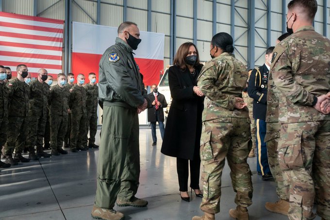 An image of Vice President Kamala Harris meeting U.S. and Polish service members.