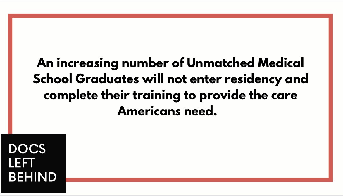 DocsLeftBehind's tweet image. An increasing number of Unmatched Medical School Graduates will not enter residency and complete their training to provide the care Americans need. #DocsLeftBehind
