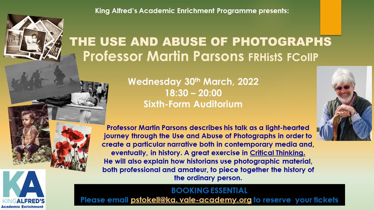 KAs_Wantage's tweet photo. We are delighted that our next KAAEP talk on 30th March is “The Use and Abuse of Photographs” by Prof. Martin Parsons FRHistS. This will be a light-hearted look at the ways photographs have been used to create narratives &amp; in some cases, distort the truth. https://t.co/5Yh9KuxhRP https://t.co/sLZCeTfAF6