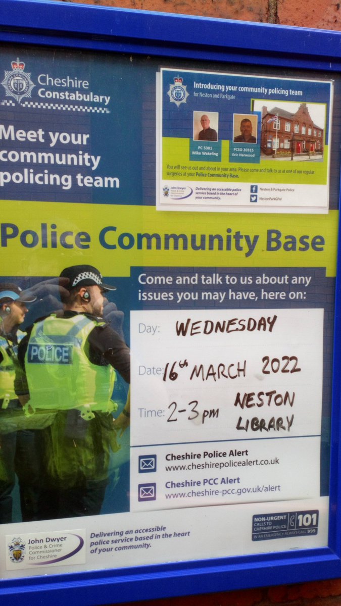 This weeks joint police / councillor surgery will be held at Neston Library tomorrow 16th March from 2-3pm. If you cannot attend in person and would like to discuss any issues please use the local police Facebook or Twitter messaging facility. Thank you. 
#WeCare #StreetSafe
