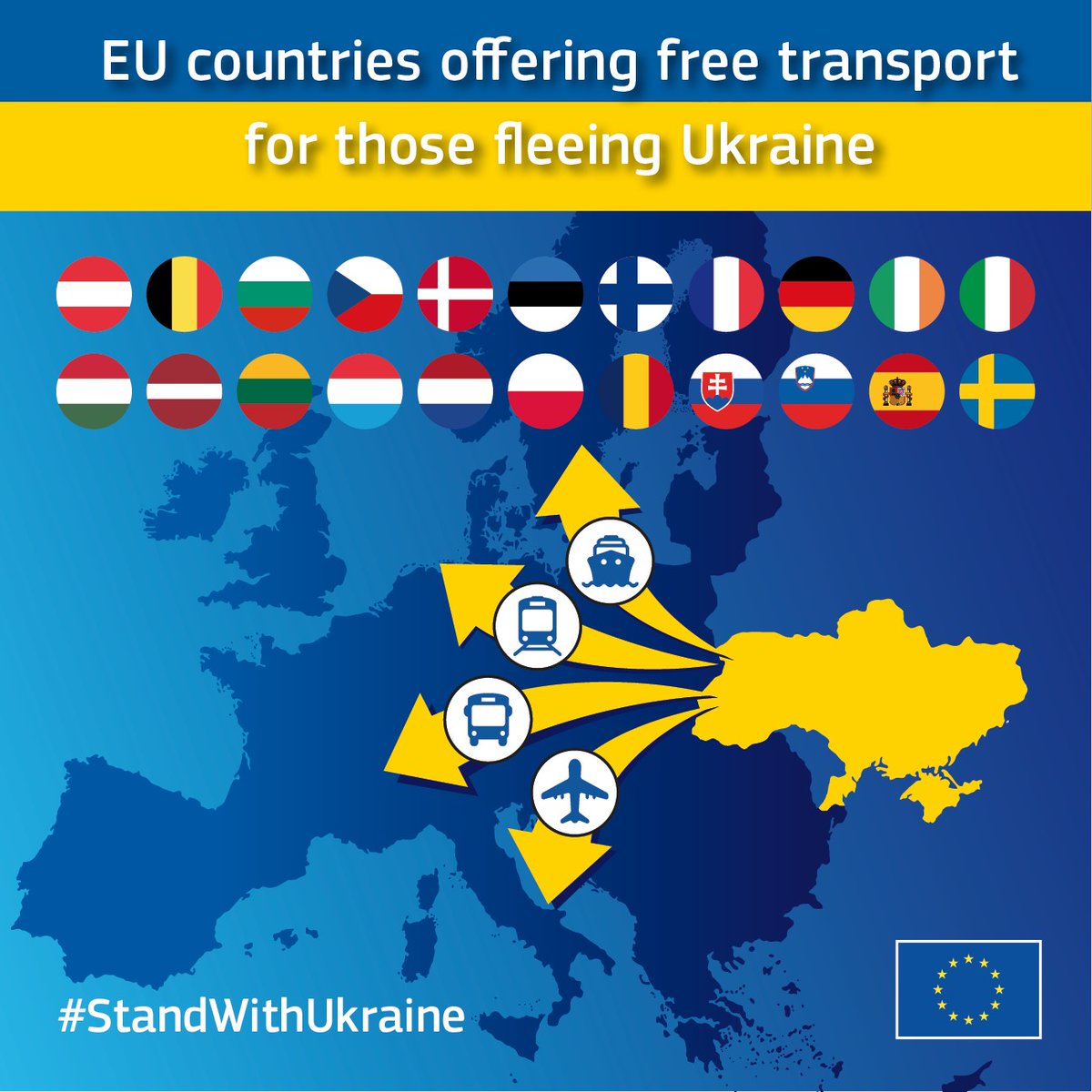 Transport_EU's tweet photo. More 🇪🇺 transport operators offer free travel options for people fleeing Ukraine. 

Check the website for details of carriers in these countries: 🇦🇹🇧🇪🇧🇬🇨🇿🇩🇰🇪🇪🇫🇮🇫🇷🇩🇪🇮🇪🇮🇹🇭🇺🇱🇻🇱🇹🇱🇺🇳🇱🇵🇱🇷🇴🇸🇰🇸🇮🇪🇸🇸🇪

➞ https://t.co/0Lr4dVB6SQ

#StandWithUkraine https://t.co/Y2rHH1NprG