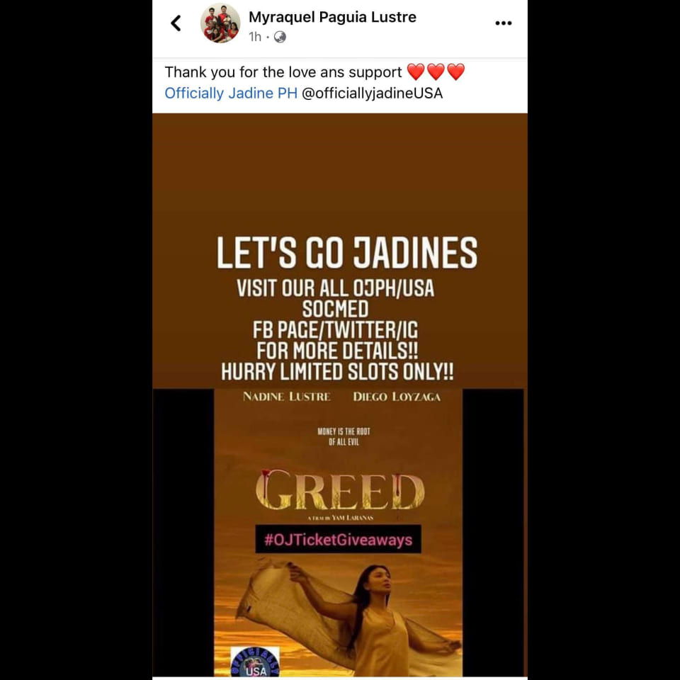 OJPHILIPPINES's tweet photo. Your most welcome tita my, it's our pleasure to do everything for our love and support to your daughter  Nadine Lustre ❤️❤️ Godbless 🙏

More success to the Movie #GreedMovie
#NadineLustreGreed
#OJTicketGiveaways https://t.co/o6k71HpO5o