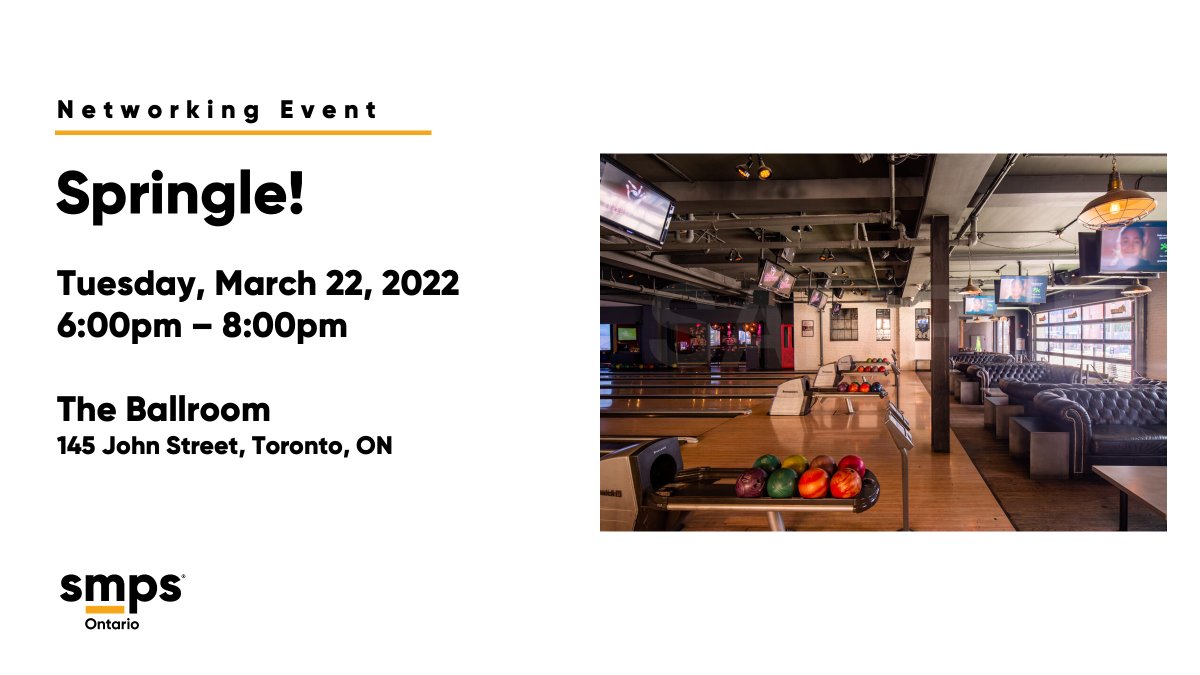 SMPSOntario's tweet photo. Over 50% sold out! We’re a week away from #SMPSON annual Springle. Hosted at The Ballroom, this in-person event will bring together #marketing and #businessdevelopment professionals to network over light snacks and a fun game of bowling. Register today  https://t.co/wqzHhFMjGV https://t.co/2tsuymMgYe
