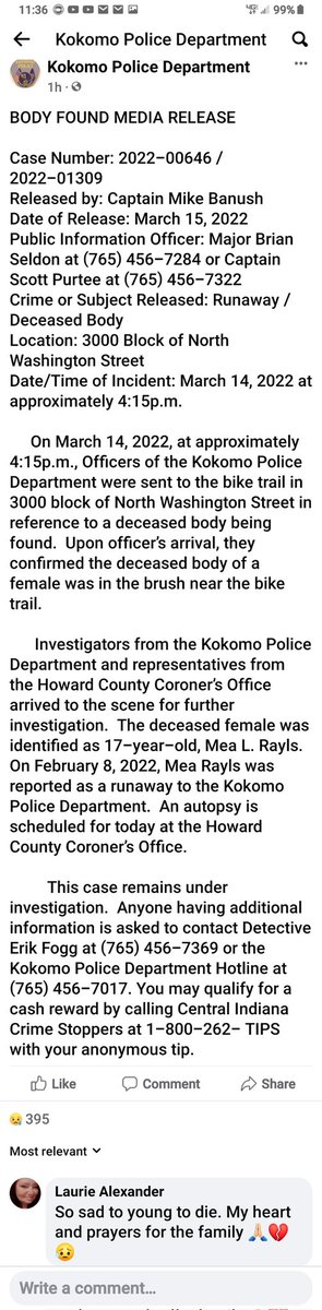 Concerning the missing 17 year old Rea L.Rayles