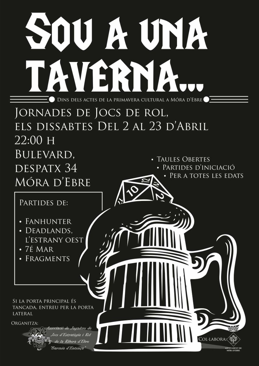 Ja tenim aqui les activitats de l'AJJERRE dins de la #primaveracultural22 a Móra d'Ebre. Molt de rol per a qui vulgui venir!🎲📝 <a href="/Ajmoradebre/">Móra d'Ebre</a>, <a href="/DevirIberia/">Devir Iberia</a> <a href="/fanhunterworld/">Fanhunter</a>  <a href="/DevirCat/">Devir Cat</a>, <a href="/HTPublishers/">HT Publishers</a> <a href="/Nosolorol/">Nosolorol</a> 
ajjerre.blogspot.com/2022/03/primav…