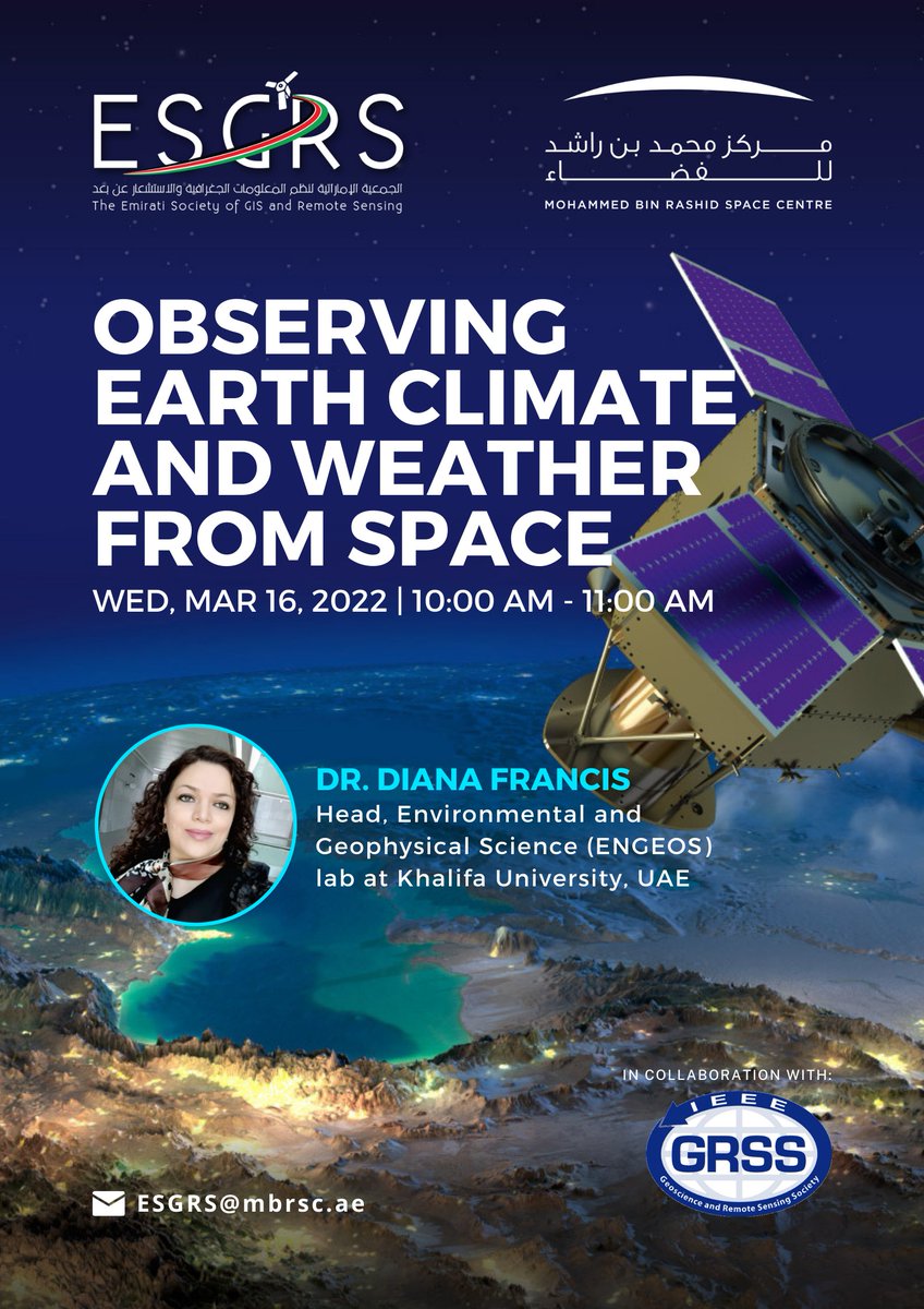 drdianafrancis's tweet photo. Webinar: Observing Earth Climate and Weather from Space.
Curious to learn more about #polynyas in Polar Regions, #dust  storms in the tropics, #rainfall in the #uae, snow and ice darkening in #Greenland and the #alps?
Join here https://t.co/80HECVApAr
@MBRSpaceCentre
@KhalifaUni https://t.co/TRWJAfF71J