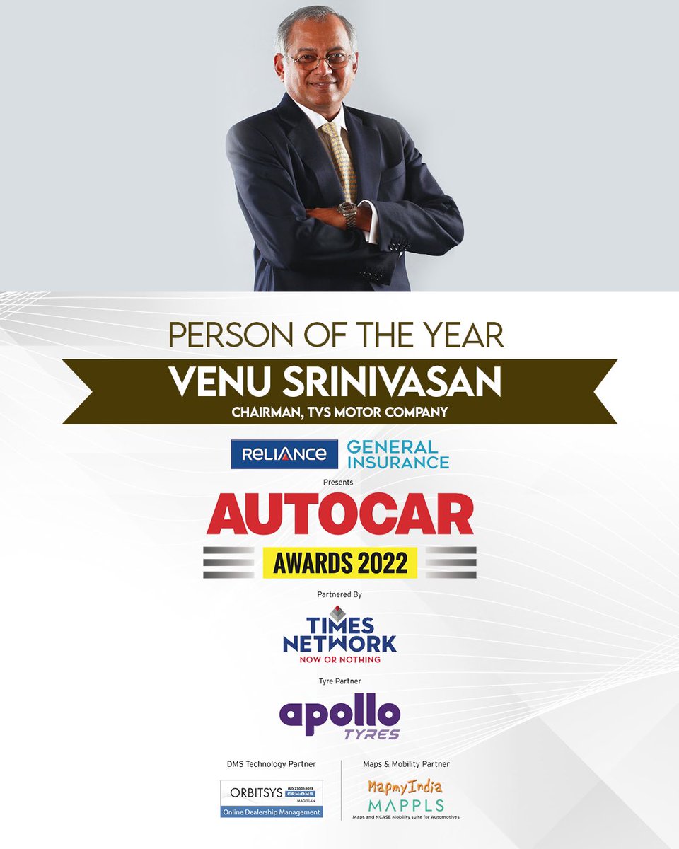 autocarindiamag's tweet photo. This award is to celebrate the leader who has steered his company in difficult times, made it future proof and kept the customer at the core of his mission. Venu Srinivasan, Chairman of @tvsmotorcompany, is our Person of the Year! #AutocarAwards2022 https://t.co/DedlGJ7WWR
