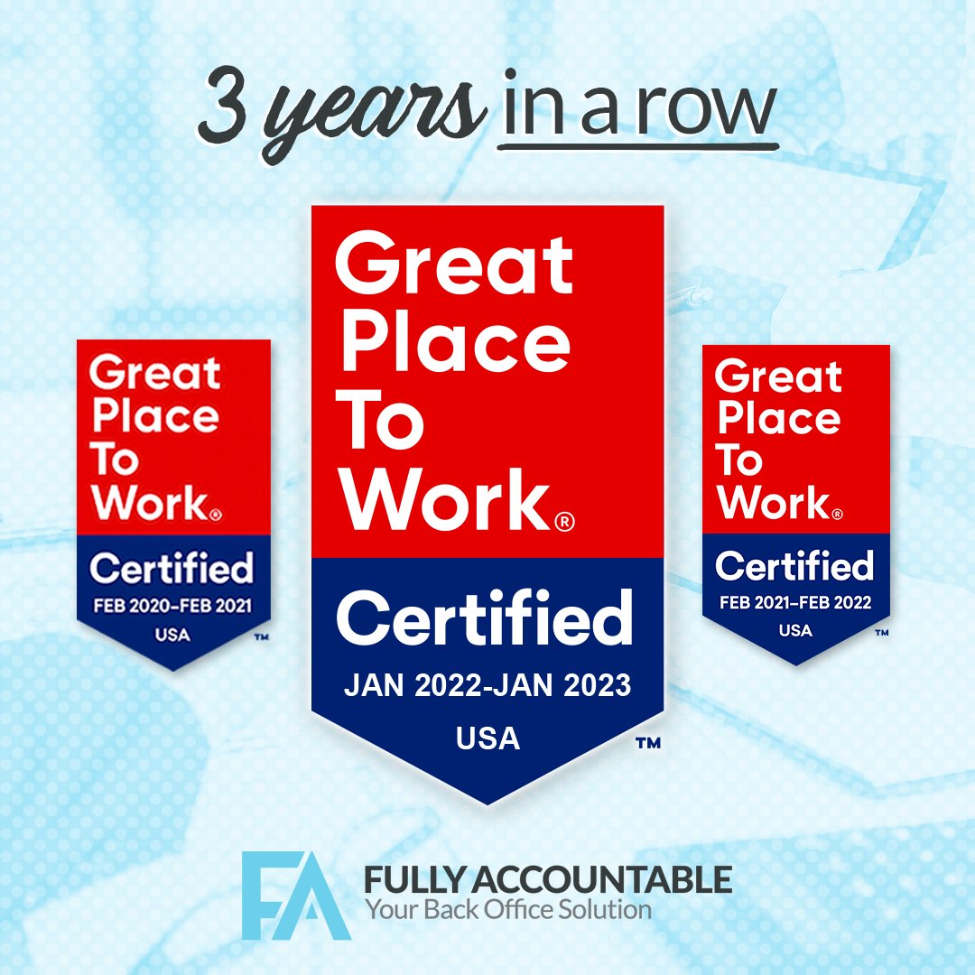 FullyAccount's tweet image. We're proud to be honored by @GPTW_US for the 3rd year in a row! This year, 97% of our employees agreed that FA is a great place to work which is 38 points higher than the average company! 🥳

Thankful for our wonderful employees who've made this recognition possible💙 #gptw2022