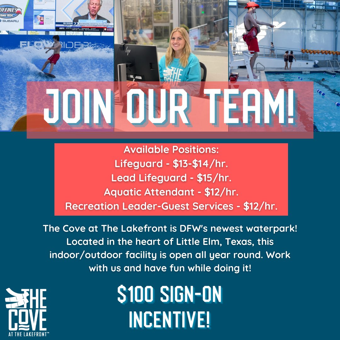 Join our team! 🤩

We have flexible schedules, and we have fun! Every employee at The Cove® receives a free membership to both The Cove® and The Rec­­™!

Apply at thecoveatthelakefront.com/jobs
