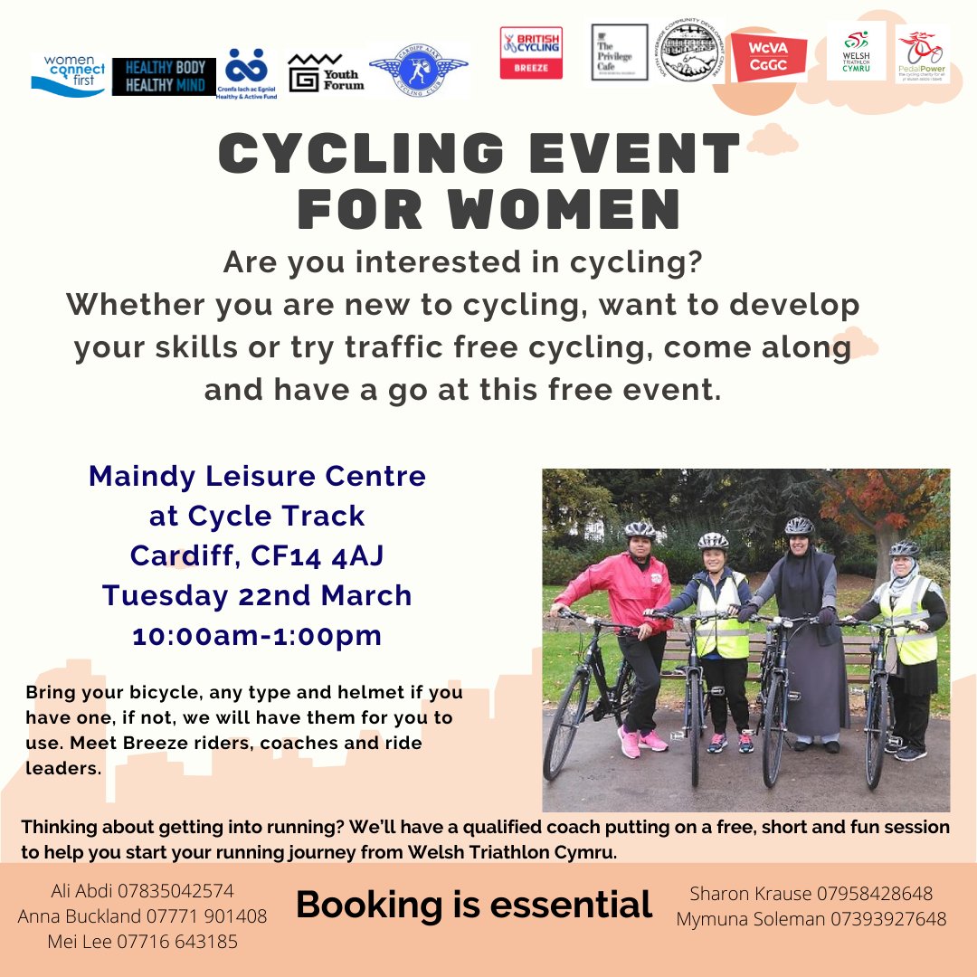 We’re please to be involved with this fantastic free session next week at Maindy Leisure Centre.
A great opportunity for anyone looking to get into cycling or running please contact Sharon, Anna or Mei to sign up- details on the poster below <a href="/Women_CF/">Women Connect First</a> <a href="/WCVACymru/">WCVA | CGGC</a>