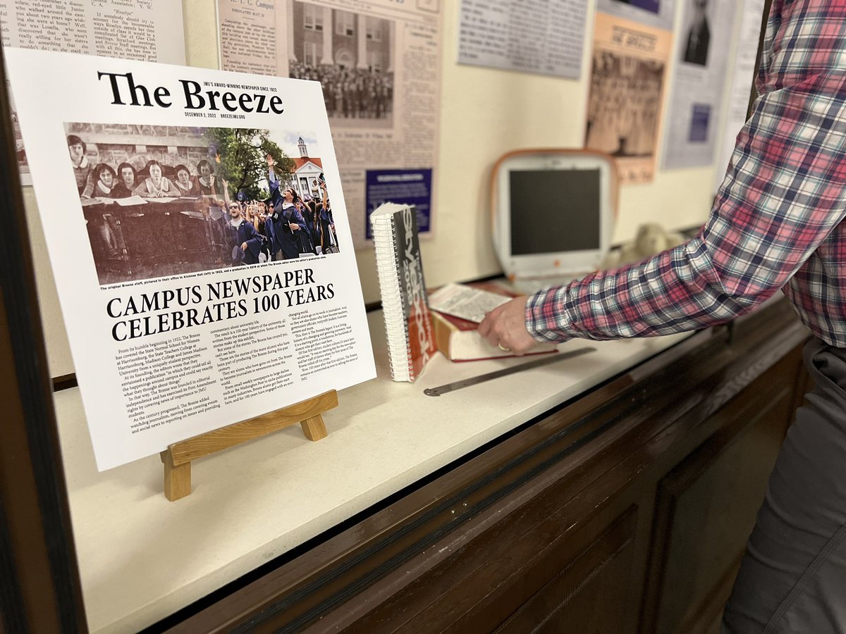 bjenk's tweet photo. Just installed: An exhibit at @JMUlibraries’ Carrier Library for the 100th anniversary of the founding of @TheBreezeJMU, the campus paper at @JMU. First edition was published December 2, 1922. Big thanks to Julia Merkel in Special Collections for making it possible. https://t.co/MPNlQ4q5e8