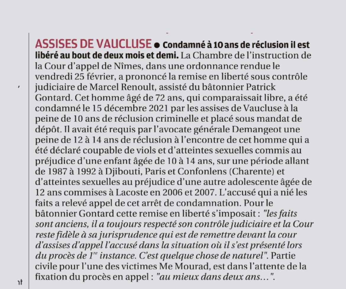Sabrina16503291's tweet photo. Un pédocriminel reconnu COUPABLE de viols et d'agressions sexuelles est CONDAMNE A 10 ANS DE PRISON le 15/12/21. Le 25/02/22, il est REMIS EN LIBERTE, en attente de son procès en appel qui pourrait avoir lieu d'ici 2 ans!
#pedocriminalite #1sur5 #impunité
https://t.co/1aIao3cInC https://t.co/ioHGnUVcEz
