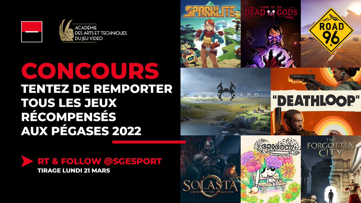 SGesport's tweet photo. Envie de remporter un pack avec les 8 jeux primés lors des #Pégases2022 @AcademieJV ? 

#RT + #Follow @SGesport pour tenter de gagner :
🔸Sparklite
🔸Curse of the Dead Gods
🔸Road 96
🔸Deathloop
🔸Northgard
🔸Solasta
🔸Chicory
🔸The Forgotten City

2 gagnants, TAS le 21/03 !🍀 https://t.co/YhGJAZOVNs