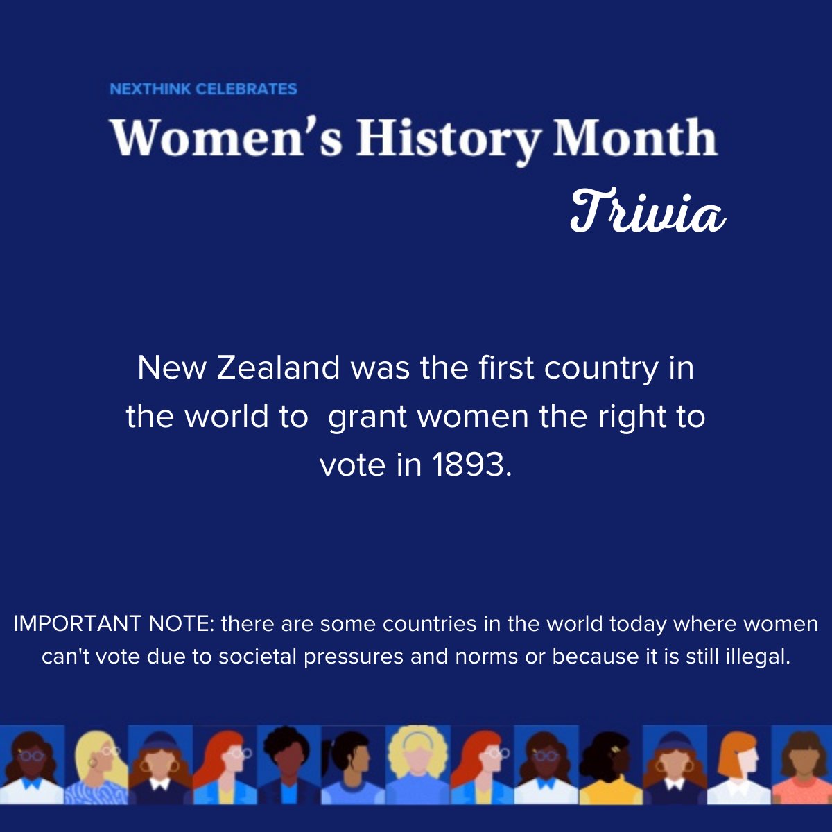 NexthinkNews's tweet photo. Throughout #womenshistorymonth we want to highlight that it wasn't too long ago that women were granted the right to vote. Even today, there are many countries around the world where women do not have this and even more basic rights. 

#triviatuesday #IWRD #IWD #womensrights https://t.co/muRBFtWa3n