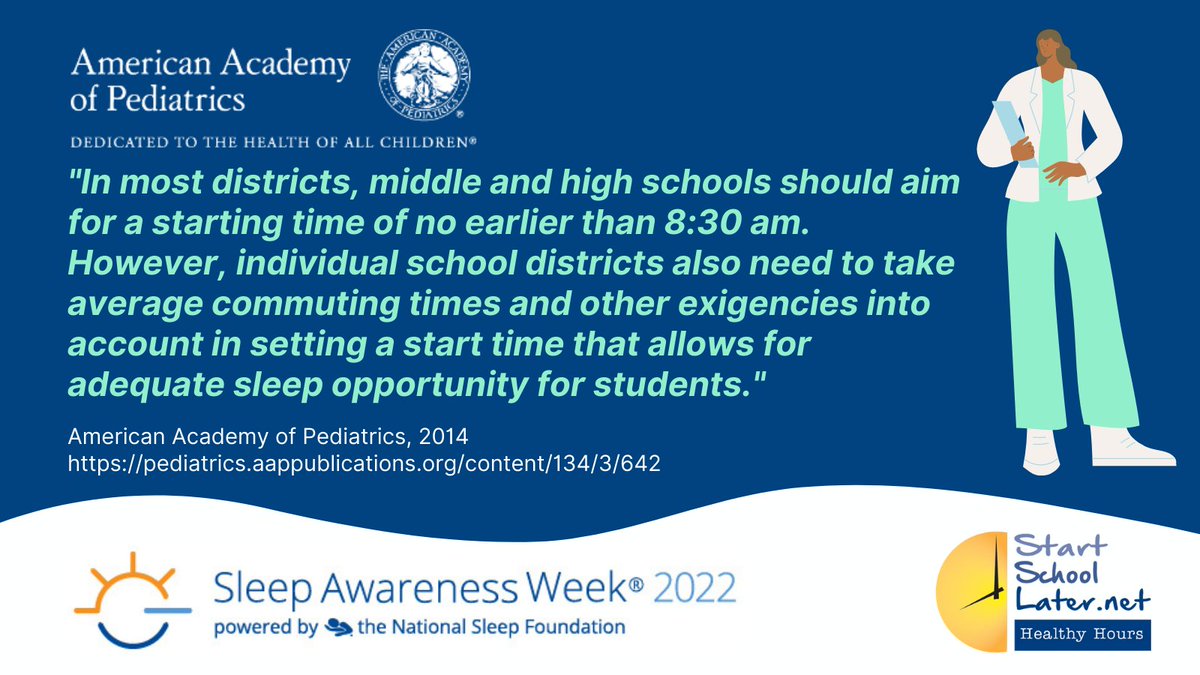 StartSchoolL8r's tweet photo. It's #SleepAwarenessWeek! DYK @AAPNews, @NationalPTA, @AmerMedicalAssn, @NEAToday, @AASMorg & other #science based organizations recommend middle & high school start times after 8:30am? Let's make sure our teens are #AwakeToLearn. Follow #StartSchoolLater to learn more! https://t.co/j76wXU3thB