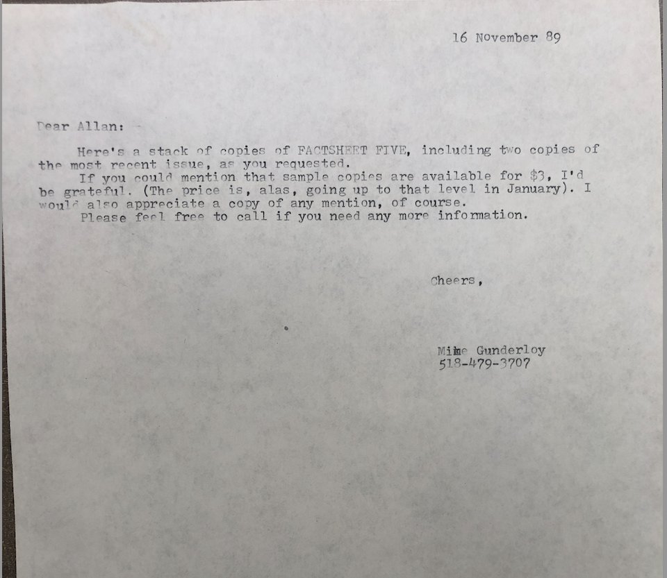 F5_archive's tweet photo. By 1989, F5 was publishing 4,000 copies quarterly &amp; attracting a diverse crowd, including editors at magazines like Whole Earth Review @wholeearth &amp; @Hustler. 

This letter sought to plug F5 in an upcoming issue of the famous #smut-peddling pub. #zines #factsheet5 #freespeech https://t.co/oayaTWA8vR