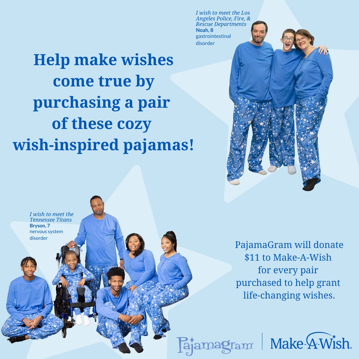 Get cozy &amp; join our friends at <a href="/PajamaGram/">PajamaGram</a> to help make wishes come true for local wish kids. For every pair of custom Make-A-Wish pajamas sold between Jan 1, 2022 – Oct 31, 2022, PajamaGram will donate $11 to Make-A-Wish, minimum $50,000. Order yours now: pajamagram.com/matching-famil…