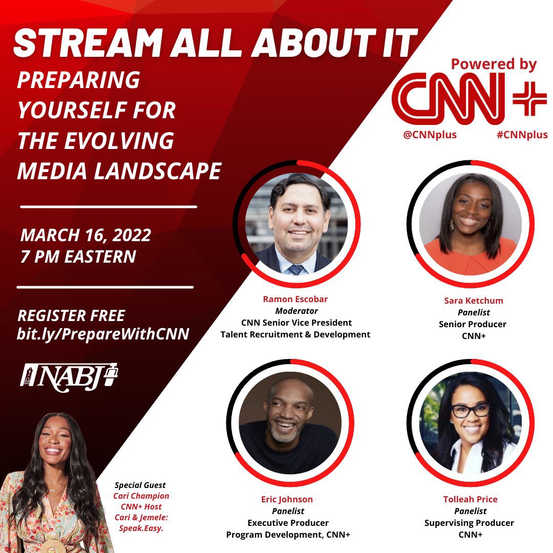 #NABJ Headquarters ✊🏾🖊️🎙️💻 📷 🎥 📝 🔈 (@nabj) on Twitter photo 📡 Extra, Extra Stream All About It!
Join us & <a href="/CNNplus/">CNN+</a> for a webinar on March 16 about how to prepare for the evolving media landscape. Register free: bit.ly/PrepareWithCNN
Featuring: <a href="/RamonEscobar_/">Ramon Escobar</a> <a href="/saratheproducer/">Sara Ketchum</a>
<a href="/Johnsonerich/">Eric Johnson</a> <a href="/TolleahPrice/">Tolleah Price</a> & #CNNplus+ host <a href="/CariChampion/">Cari Champion</a> 📡 Extra, Extra Stream All About It!
Join us & <a href="/CNNplus/">CNN+</a> for a webinar on March 16 about how to prepare for the evolving media landscape. Register free: bit.ly/PrepareWithCNN
Featuring: <a href="/RamonEscobar_/">Ramon Escobar</a> <a href="/saratheproducer/">Sara Ketchum</a>
<a href="/Johnsonerich/">Eric Johnson</a> <a href="/TolleahPrice/">Tolleah Price</a> & #CNNplus+ host <a href="/CariChampion/">Cari Champion</a>