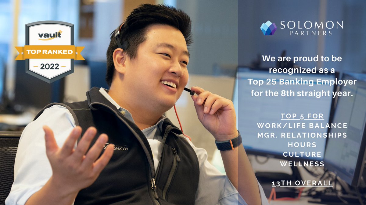 We are proud to have ranked #13 in the Vault Guide to the Top 25 Banking Employers and to be recognized as a top banking firm for the 8th straight year. We believe in collaboration, working hard, and creating an environment that brings out the best in people.