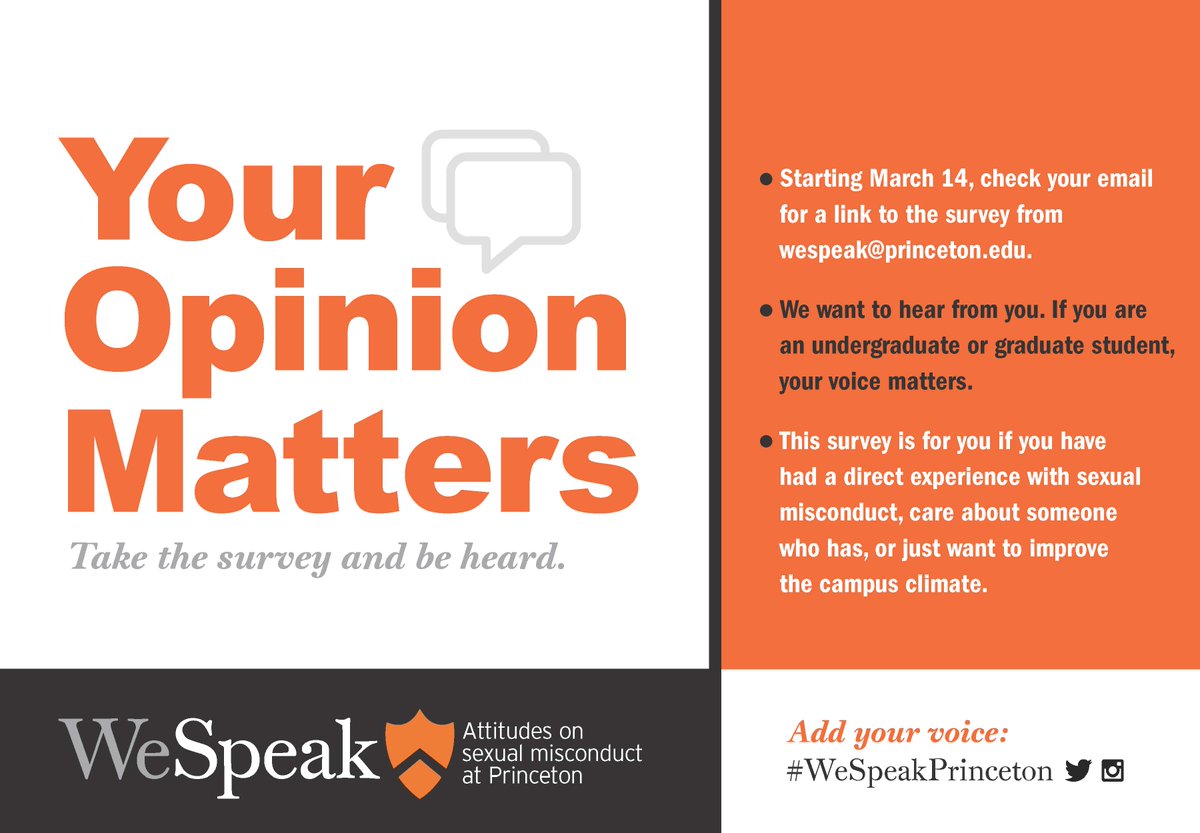 PrincetonGrad's tweet photo. @PrincetonGrad students, have you taken the #WeSpeakPrinceton survey? Add your voice to make a difference today. Check your email for the link to the survey. #PrincetonGradLife https://t.co/YkncgMrFn3