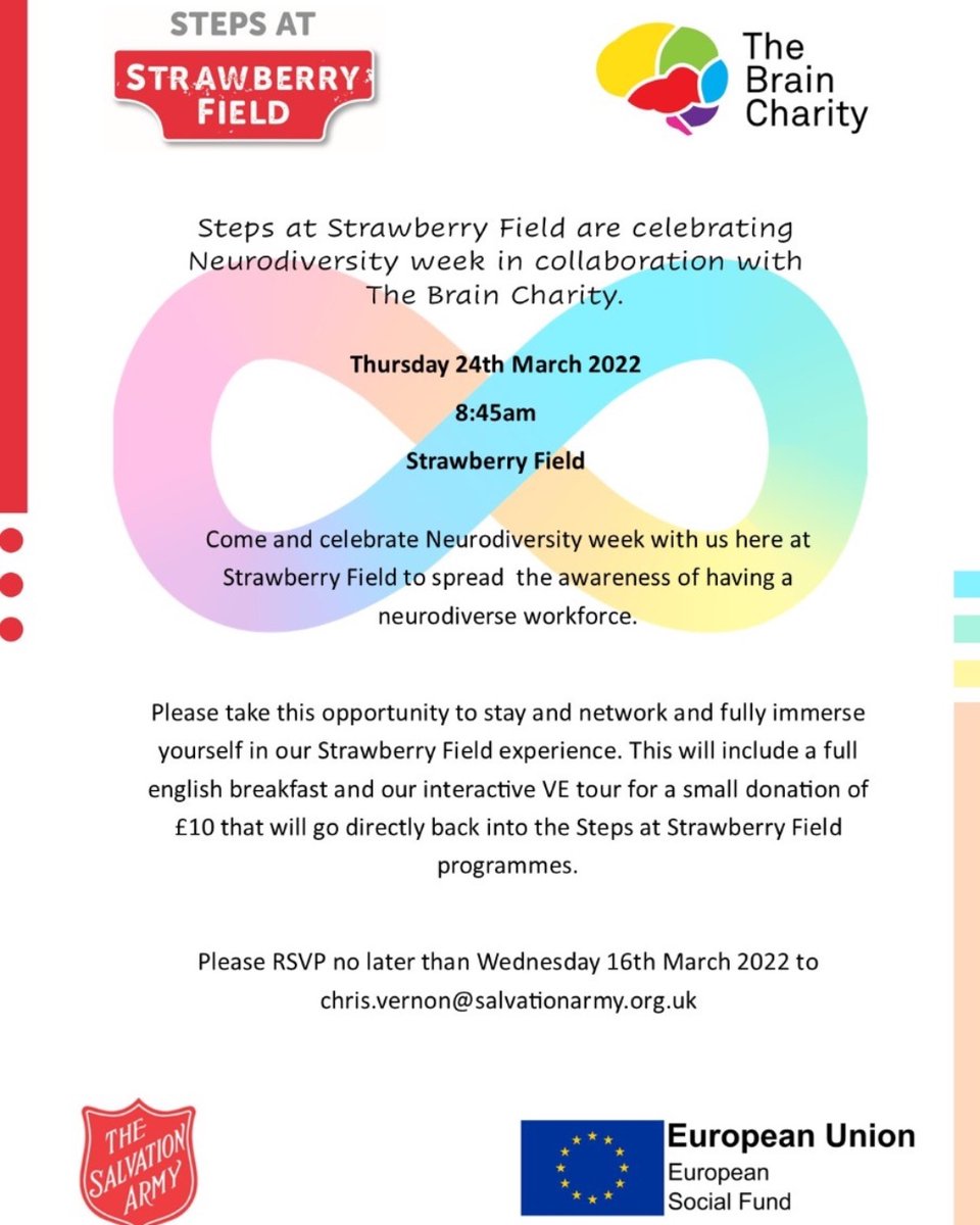 TheBrainCharity's tweet photo. The Brain Charity will be holding a session on neurodiversity at The Steps at Strawberry Field event on March 24th 📆  @strawberryfield 🍓 
Find out more about our neurodiversity training here: https://t.co/T5B9uNf09H 

#neurodiversity #neurodiversityweek #neurodiverseworkforce https://t.co/1i01yu3zxN