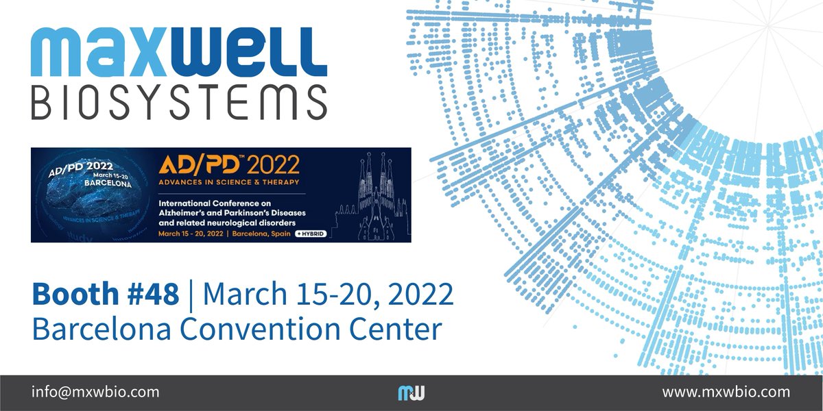 mxwbio's tweet photo. We are exhibiting at #ADPD2022 and as of tomorrow you can meet @ayism2, @ZhuoliangEdLi and @u_frey at booth #48. They would love to explain how our HD-MEA Systems can be used for both #Alzheimer’s and #Parkinson’s disease research!

We hope to meet you there! @adpdnet https://t.co/GMmFnvcey5