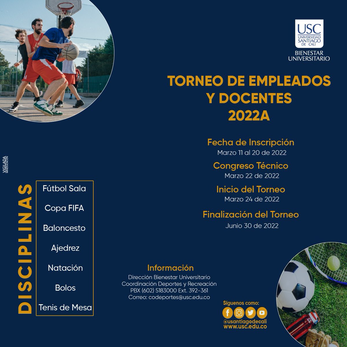 usantiagodecali's tweet photo. Es el turno para demostrar toda tu agilidad y talento deportivo en el Torneo de Empleados y Docentes 2022A. Participa y compite junto a los mejores de la Universidad.
#eventosusc #bienestaruniversitario #USC #universidad #estudiantes #educación #altacalidad #colombia #cali https://t.co/JLATny9BSo