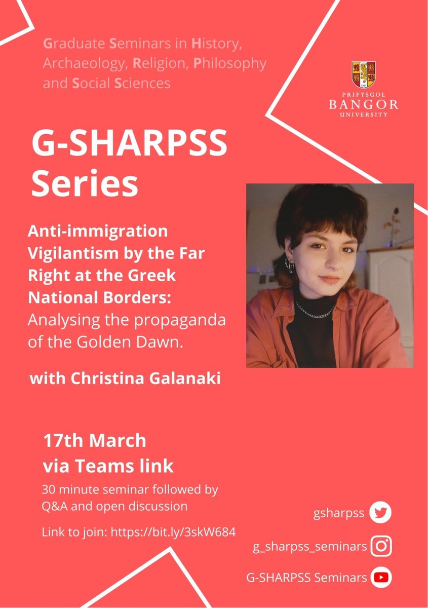 gsharpss's tweet photo. Thursday 17th Mar, at 6pm 🐱🐈

Join us as we hear Christina Galanaki give a seminar!

Open &amp; free to all!
Seminar Teams link: https://t.co/JlUBrzShcD 

#IMMIGRATION #BORDERS #Greece #politics 
@SHiLSSBU @BangorUni_PGR @ArthurBangor @PhilosophyBU @BangorSocSci @BangorHistory https://t.co/kTLNAbslov