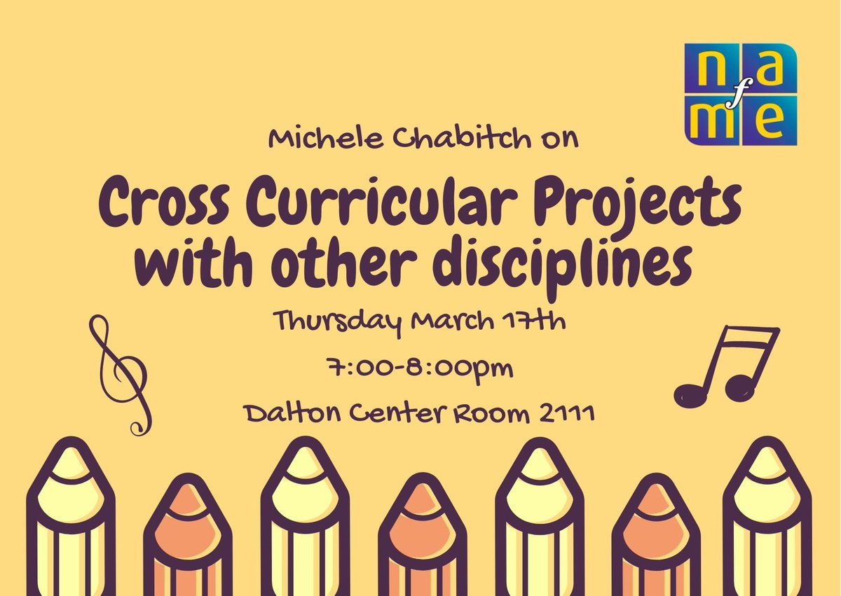 wmunafme32's tweet photo. 📣UPCOMING PRESENTATION📣

Join us for our next presentation this Thursday, March 17th 7:00-8:00pm in room 2111! Michele Chabitch from Gull Lake Middle School will be presenting on Cross Curricular Projects with other disciplines. We would love to see you there!!🎶

#nafme https://t.co/u4lZpBSGXz