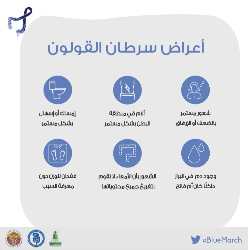 CCAwarenessKAUH's tweet photo. قد تكون المشكلة المتسببة بأيّ من الأعراض التالية حميدة، لكن استبعاد سرطان القولون أمر ضروري ولا بد منه..
لا تتأخر، زر طبيبك واكتشف السبب..

#BlueMarch
#ColorectalCancerAwarenessMonth https://t.co/ujkxfUZc9C