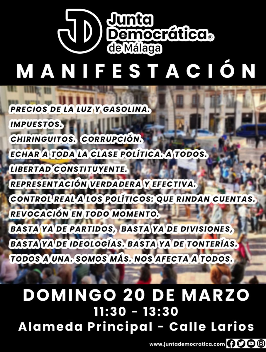 JoanaSurez4's tweet photo. Manifestación en Málaga el próximo domingo! 
Dejad el sofá, basta ya!!!!
@JDemocraticaES https://t.co/rtZvkDaDQo