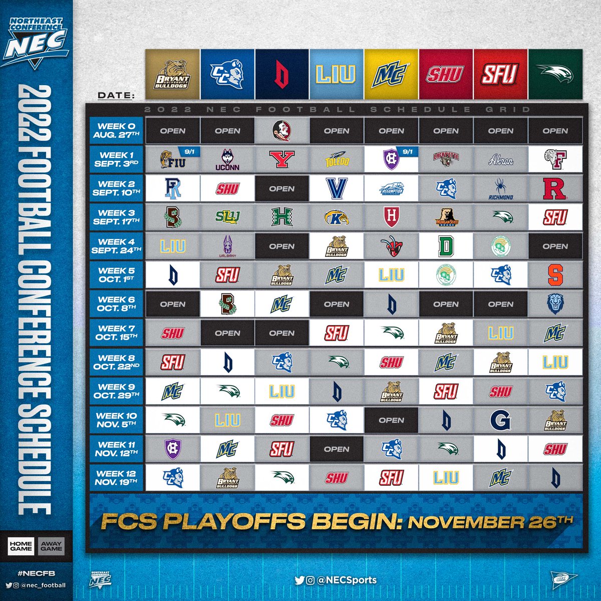 📅 SCHEDULE DROP! 📅

Grab your calendar - #NECfootball has announced the full slate for the 2️⃣0️⃣2️⃣2️⃣ season! 🏈

 🔗: northeastconference.org/news/2022/3/15…