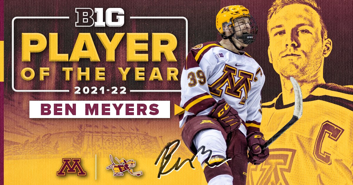 GopherHockey's tweet photo. 𝗧𝗶𝗽 𝗬𝗼𝘂𝗿 𝗛𝗮𝘁 𝘁𝗼 𝘁𝗵𝗲 𝗖𝗮𝗽!

#Gophers captain Ben Meyers has earned the title of Big Ten Player of the Year! https://t.co/qiRtIQIAmm